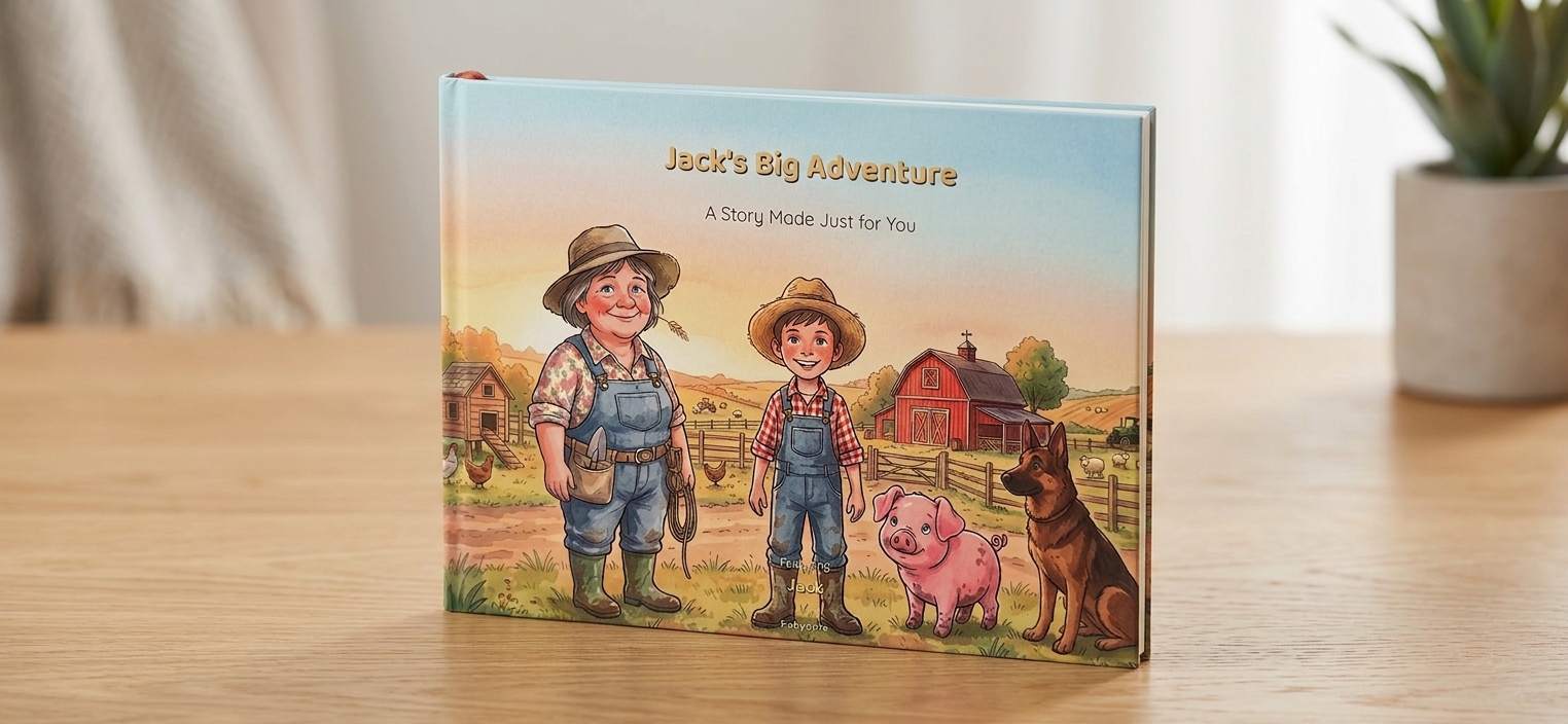 A finished Fabyoula hardback storybook, Jack's Big Adventure, on a table