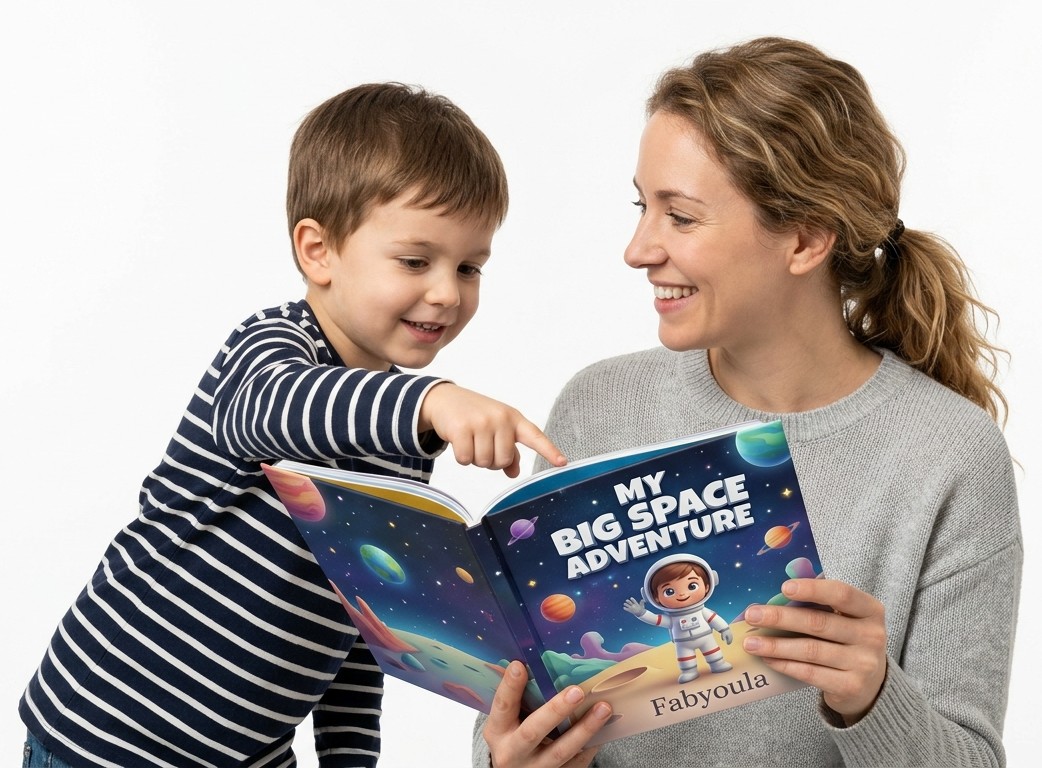 A mum and son reading a personalised Fabyoula space storybook together